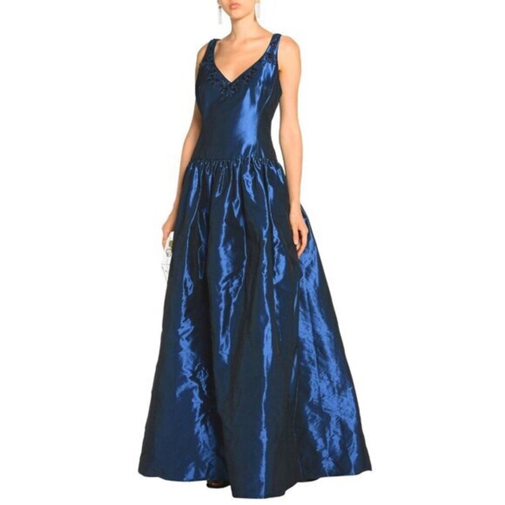 Marchesa Notte Blue Taffeta Satin Ball Gown A Line Embellished Dress New